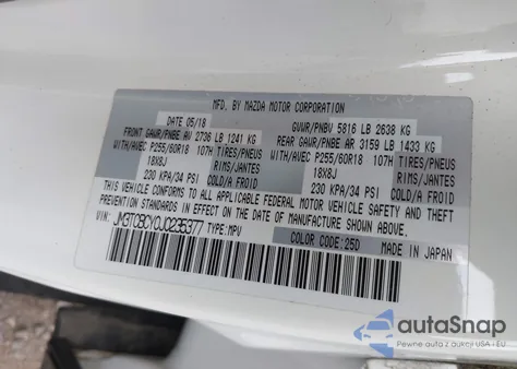 2018 Mazda Cx-9 Touring z USA, uszkodzony, nr VIN JM3TCBCY0J0235377